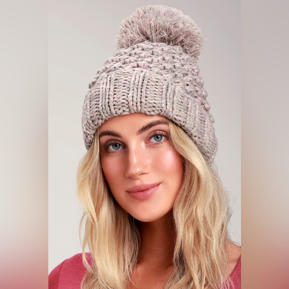 Lulus Danforth Pink and Grey Knit Pom Pom Beanie - Picture 2 of 4